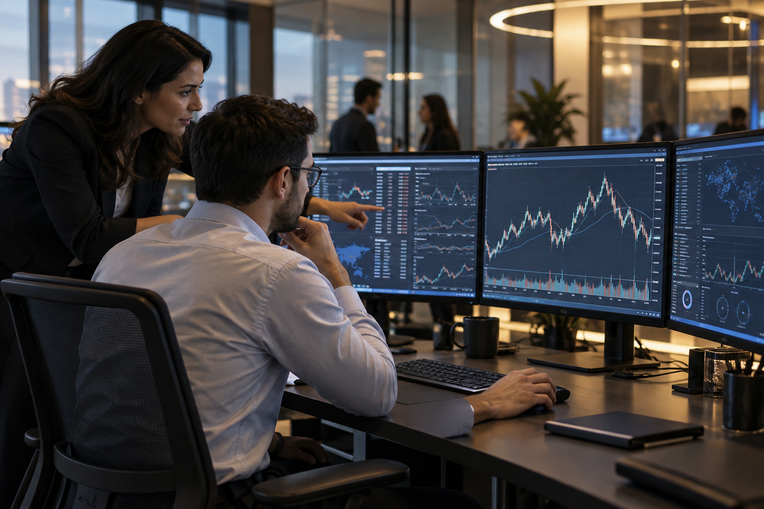 Analysts collaborating at a market strategy workstation